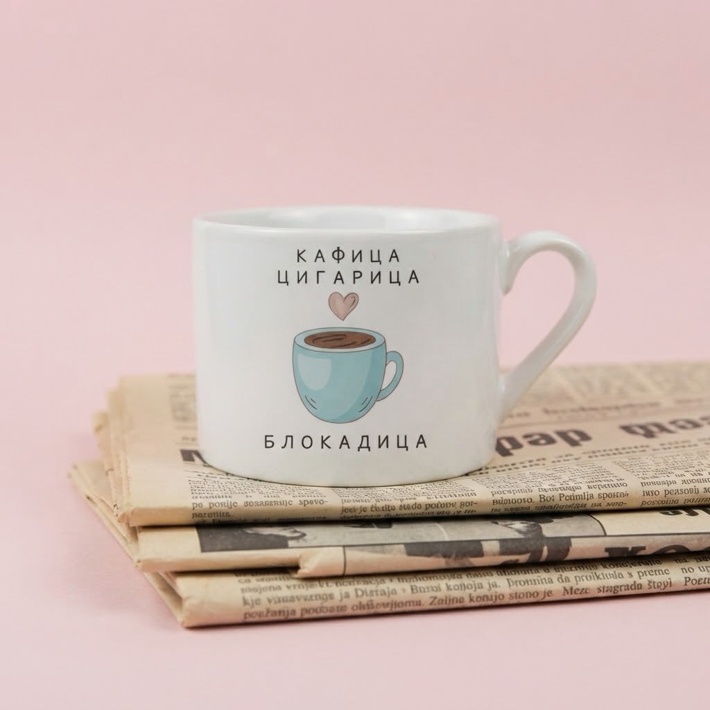 Bela šoljica sa roze šoljicom i natpisom Kafica cigarica blokadica